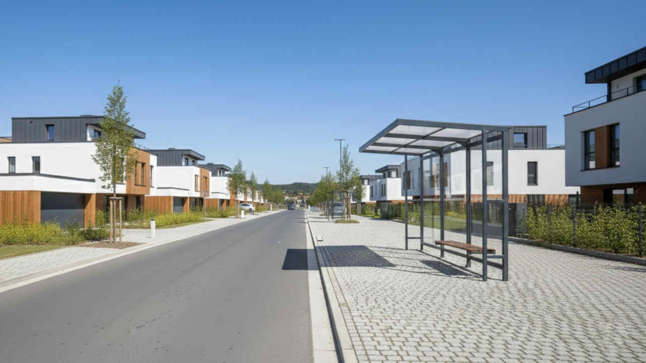 Autobusová zastávka typ TECHNIK s plochou střechou zadní stěnou ze skla  a lavičkou ze dřeva